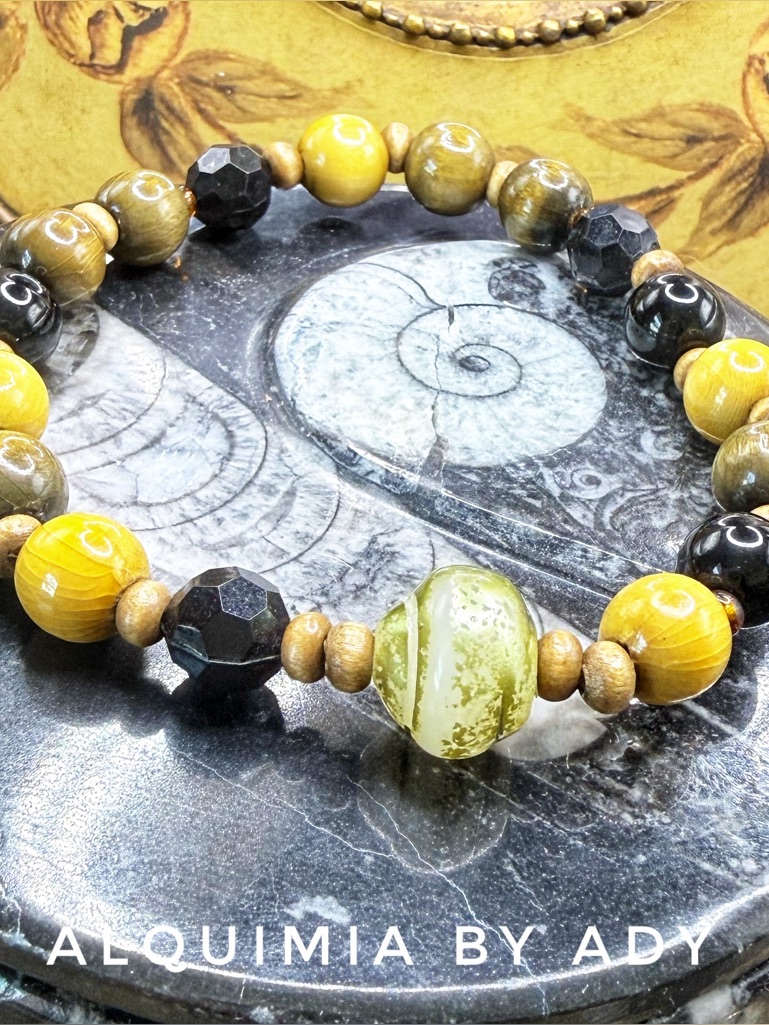 Onyx + Jasper + Wood Bead Bracelet With Gold Accent Bead